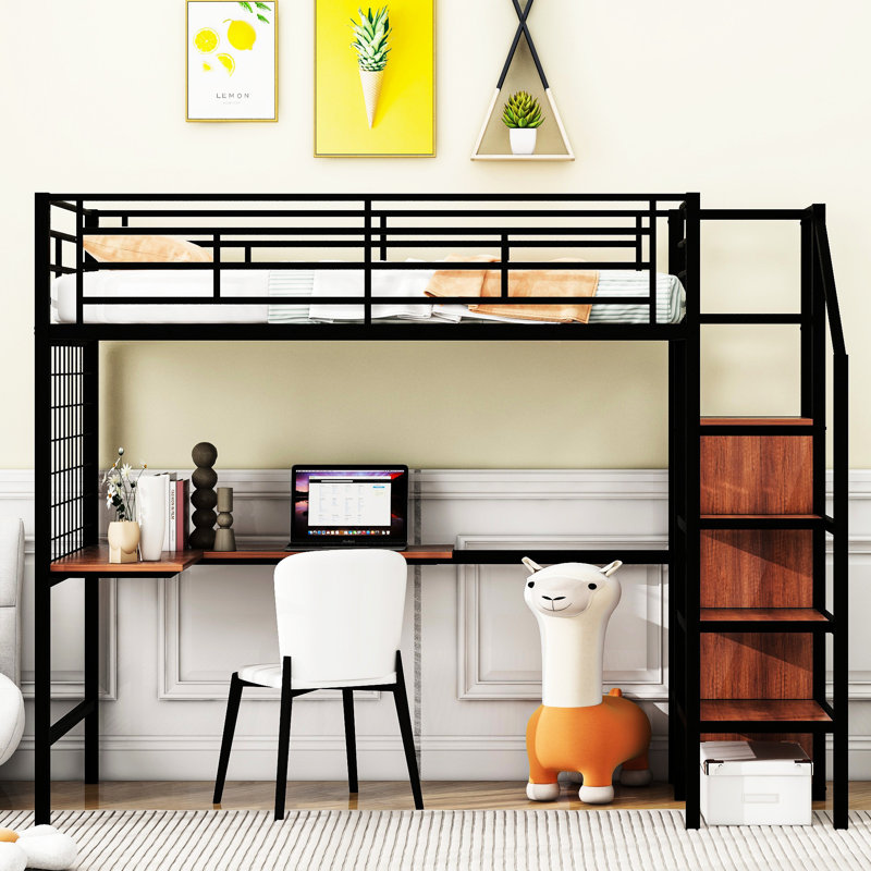 Lit mezzanine simple en métal noir avec bureau et grille. Fabrication robuste. Garde-robe latérale pour optimiser l'espace. Multiples activités polyvalentes. Convient à la décoration d'une pièce. Matelas non inclus Grille de taille en noir.