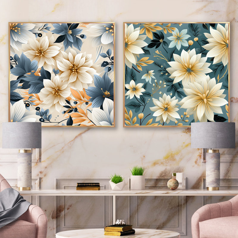 Owings - Ensemble de 2 collages floraux carrés, H 16 po x l 33 po, Cadre flottant doré