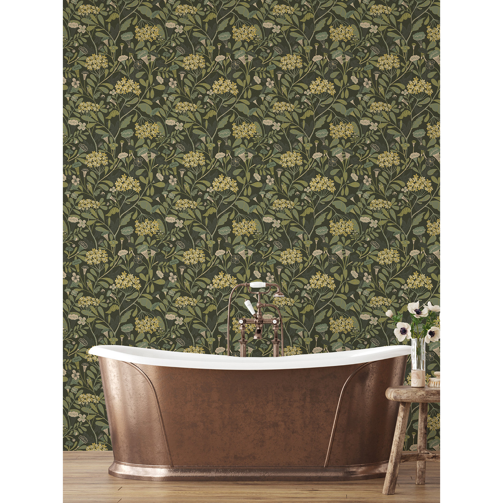 Latika Modern Floral Wallpaper, Dark Green