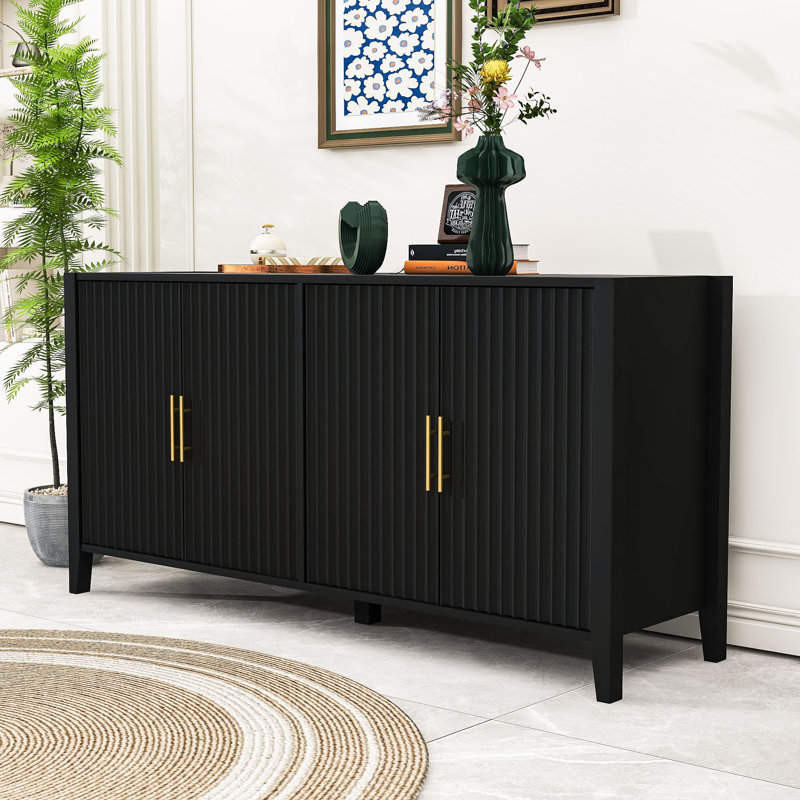  Buffet Deyanara avec portes latérales ondulées et pieds en bois massif, Noir
