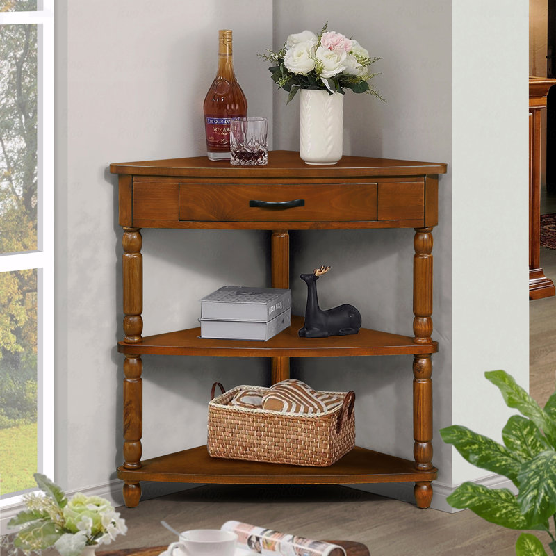 33.8'' Small Triangle Corner Table, Wooden Corner Side Table For Small Spaces/ Living Room, 3 Tier End Corner Table With Solid Wooden Legs
