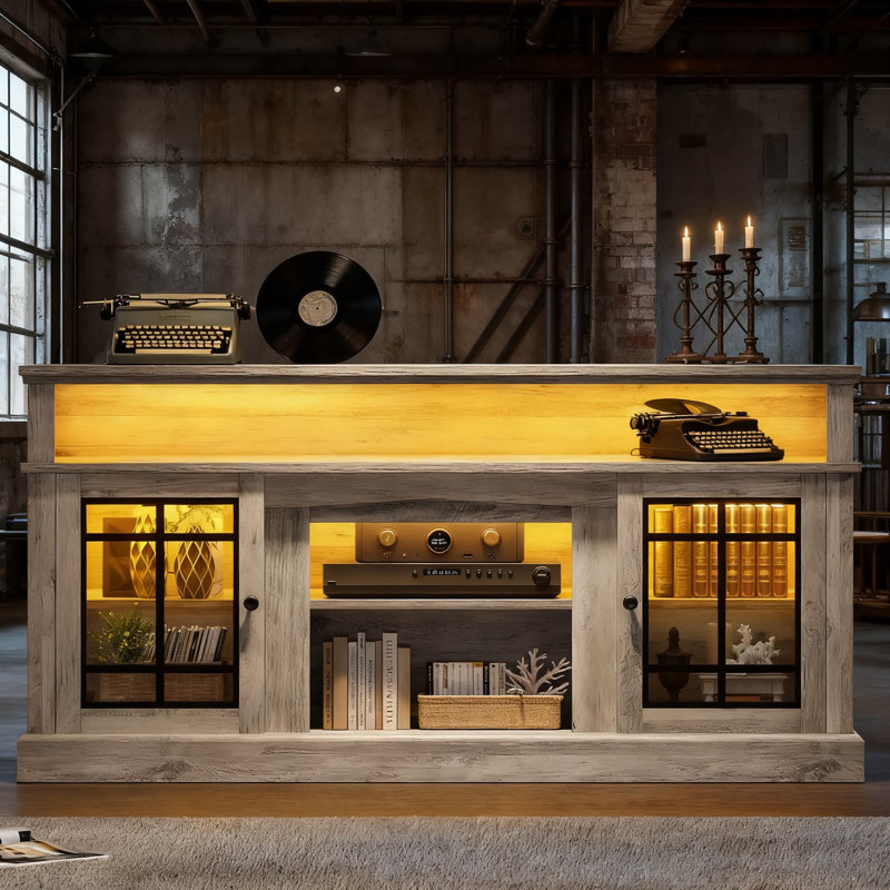 Meuble télé moderne pour téléviseur de 75 pouces avec éclairage DEL et tablettes réglables, centre de divertissement avec portes en verre et gestion des câbles, console multimédia robuste pour le salon