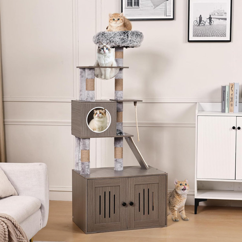 Jaelin Claresa Cat Tree with Litter Box Enclosure, Hidden Washroom Litter Box Tree with Sisal Scratching Post and Soft Plush Perch, Wooden Cat Furniture with Multiple Platforms