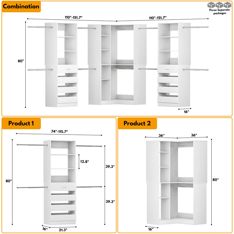 Système de placard réglable 57,3 "à 151,7" avec 8 tiroirs et 8 tringles à vêtements, Blanc