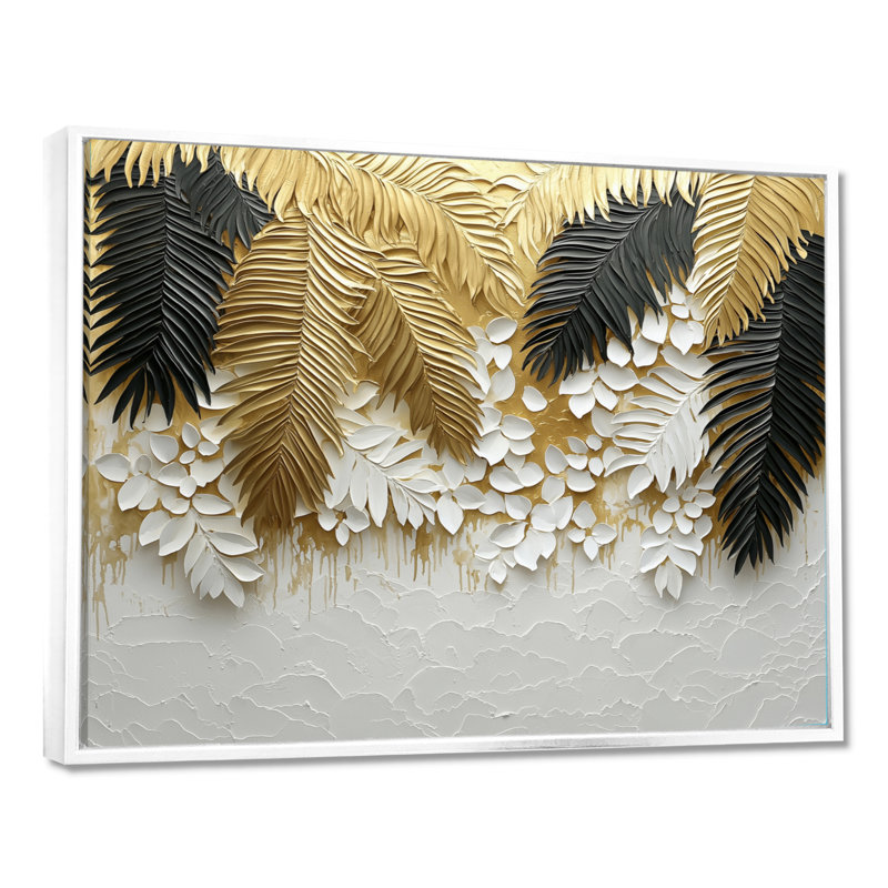 «Cordis Golden Plams Midnight Collage I» - art mural palmiers et palmiers, H 30 po x l 40 po, Impression encadrée flottante
