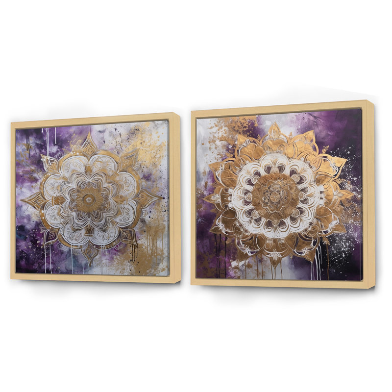 Mandala mauve et doré - ensemble de 2 collages carrés bohème, Cadre flottant brun, H 16 po x l 33 po