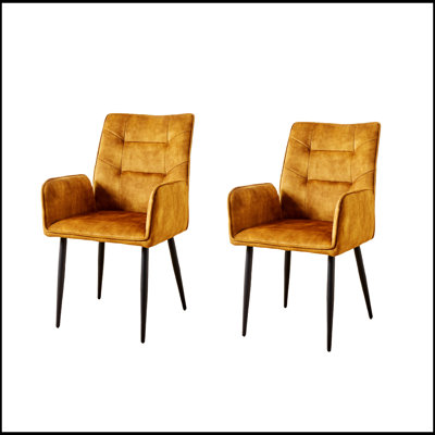 Modern Velvet Dining Chairs 2-Piece Set - Soft Cushioned Seats with Iron Frames in Mustard Yellow, for Contemporary Interiors and Comfortable Seating