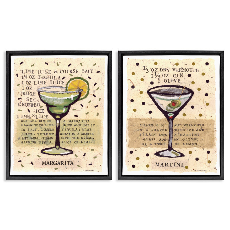 Ensemble de 2 cadres flottants Margarita & Martini Recipes, design par Nancy Overton, Cadre flottant noir de jais