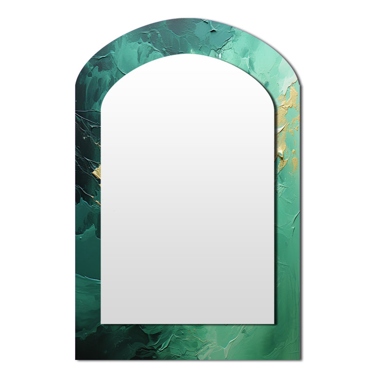 Emerald Euphoria I - miroir mural arqué paysager, miroir décoratif asymétrique vert, impression sur métal, 43 po x 33 po