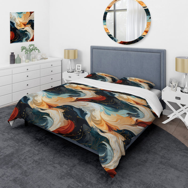 Literie tourbillon de marbre orange et bleu sarcelle, Housse de couette pour très grand lit et 2 très