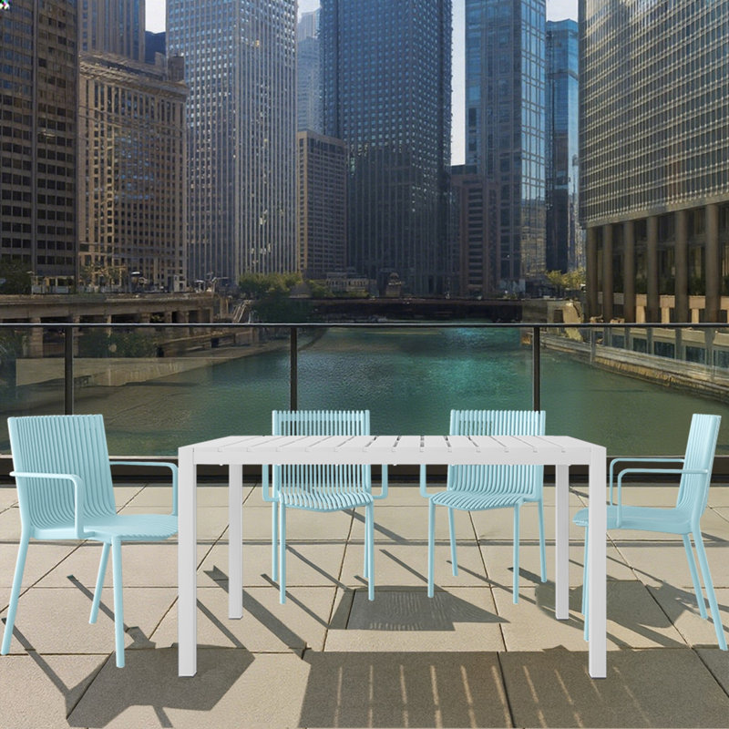 Summer 4Pcs Light Blue Stackable Armchairs With 55 Inch White Modern Table - Indoor/Outdoor Use, Ergonomic Design, Lightweight And Durable