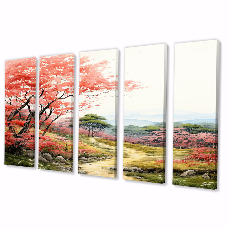 «Blossoming Red Autumn Tree Countryside Road», art mural campagne 5 pièces, H 32 po x l 80 po