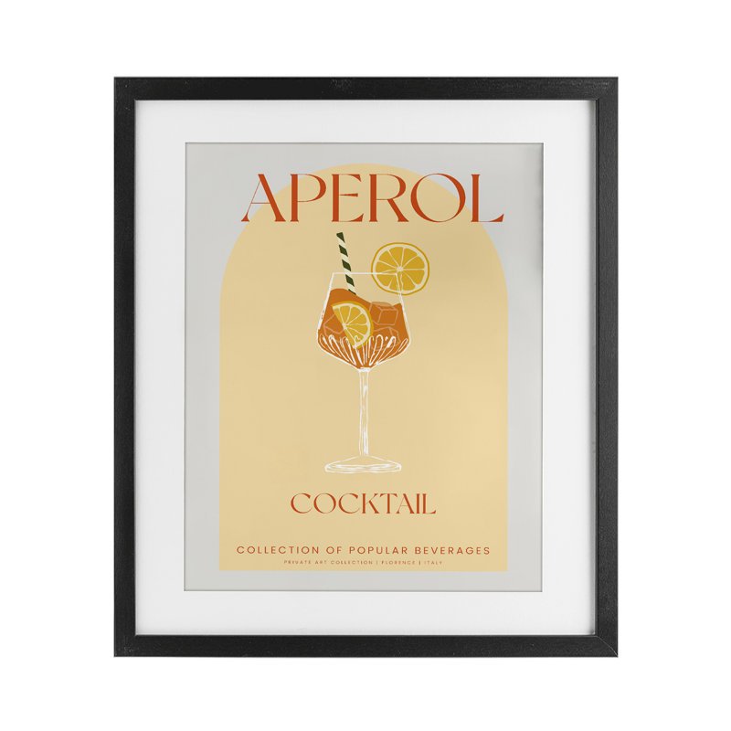 Élégant cocktail rétro Aperol encadré sous verre, design par Lil 'Rue, H 16 po x l 13 po, Cadre noir minuit