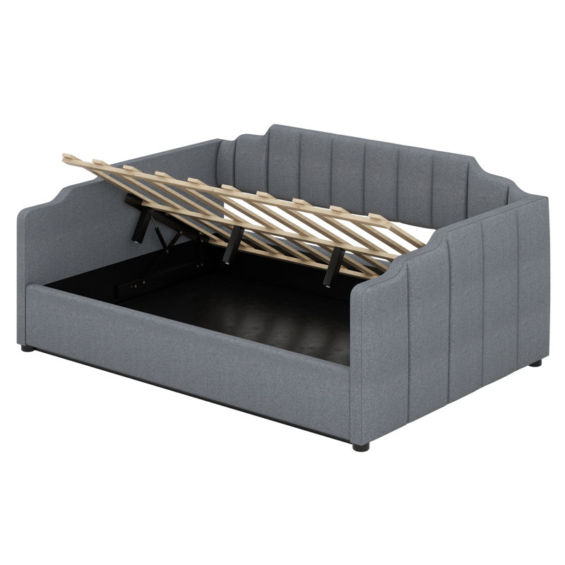 Lit de jour rembourré avec rangement inférieur, gris, Lit double
