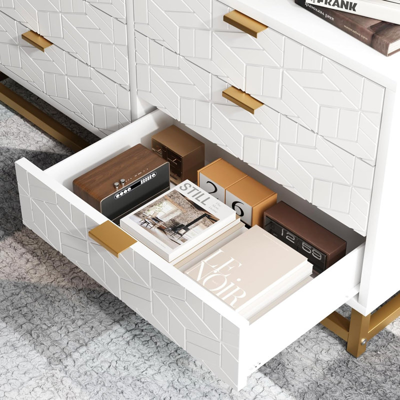 Commode blanche à 6 tiroirs pour la chambre à coucher, commode avec base en métal, commode pour armoire de commode moderne, grande commode pour couloir, garde-robe