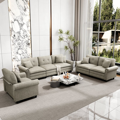 3-piece Upholstered Modular Sectional Sofa Sets With Nailhead Trim, Oversized Couch Set With Sofa, Loveseat And Armchair