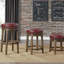 Ensemble de 2 tabourets de bar ronds et pivotants, siège pivotant à 360 degrés en similicuir rouge avec garniture cloutée et cadre en bois massif à finition brune-1165587519