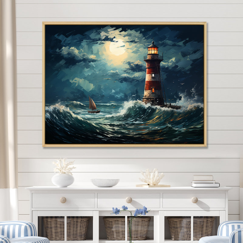 Phare de la mer orageuse 1 - art mural phares, H 30 po x l 40 po x P 1,5 po, Cadre flottant brun