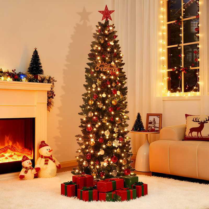 Arbre de Noël mince 7,5 pi avec lumières minces pré-éclairées - Décoration de Noël artificielle verte - Conception mince et peu encombrante - Base en métal pliable - Assemblage facile - Intérieur / extérieur