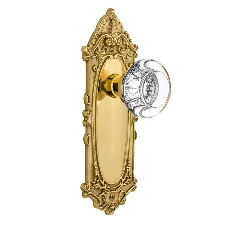 Victorian Plate with Round Clear Crystal Door Knob, Polished Brass, 2.375"