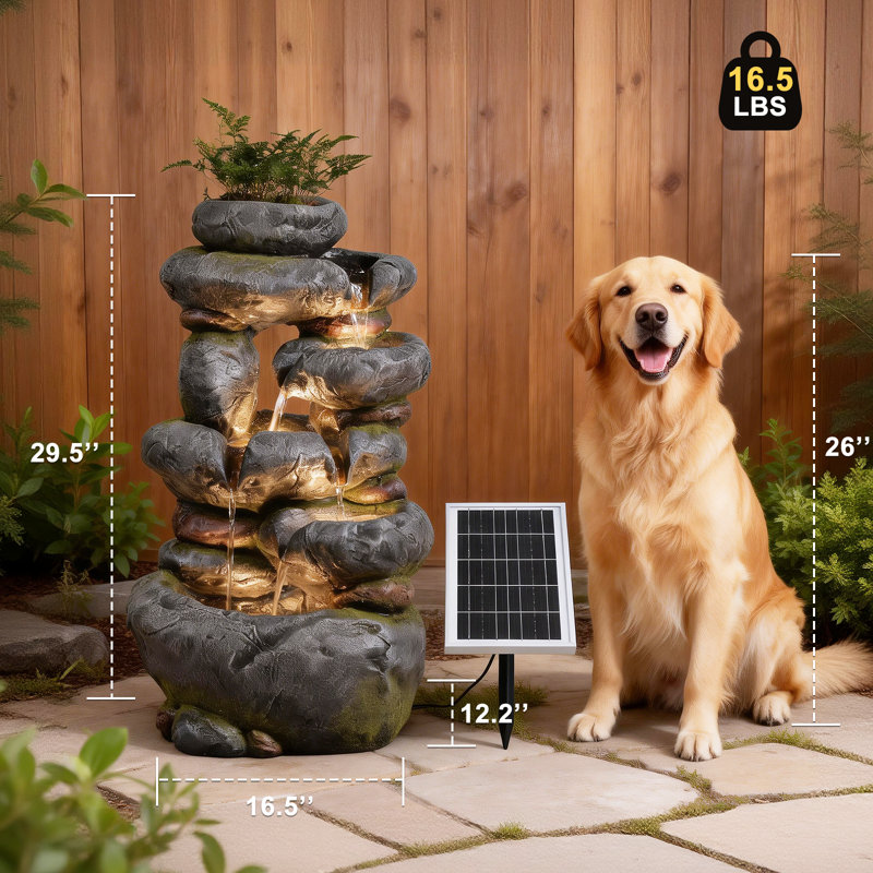 5-tier Solar Water Fountain Outdoor Garden Cascading Rock Feature, 29.5''tall Solar Powered Outside Fountains And Waterfalls With Lights For Garden, Patio, Yard, Deck Home Décor
