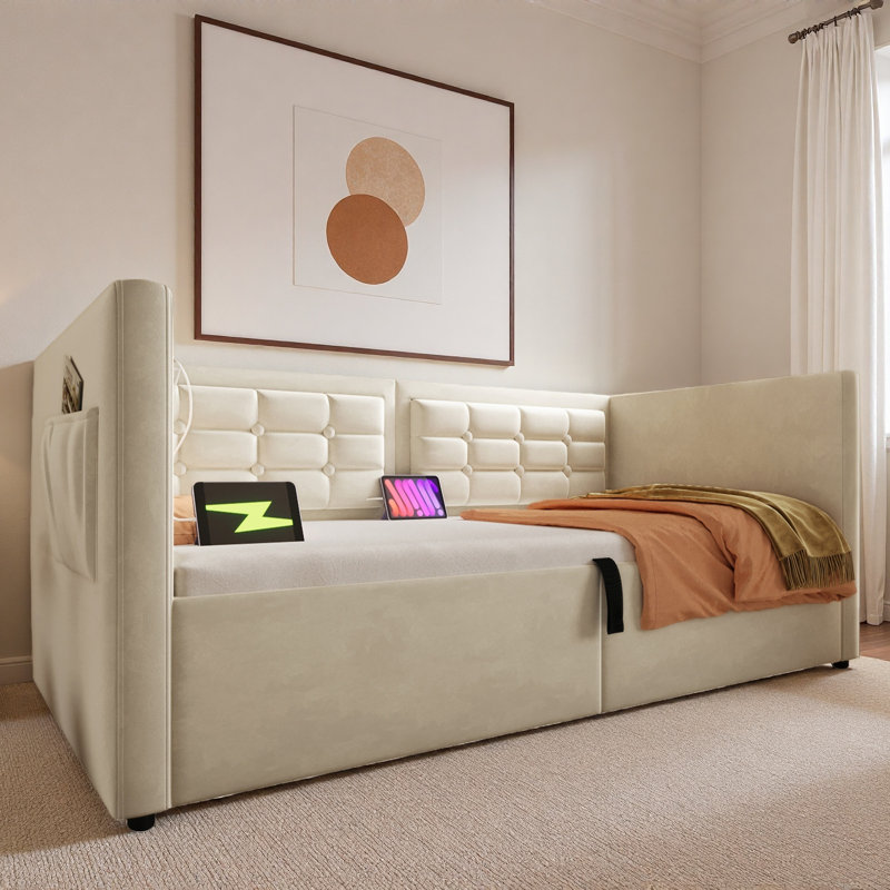 Upholstered Daybed With Hydraulic Storage And Usb & Type-c Charging, Beige