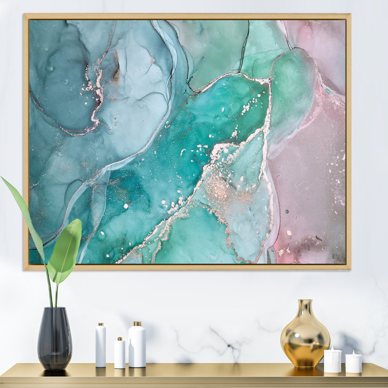 Marbre abstrait turquoise - peinture sur toile, H 12 po x l 20 po, Cadre flottant en érable