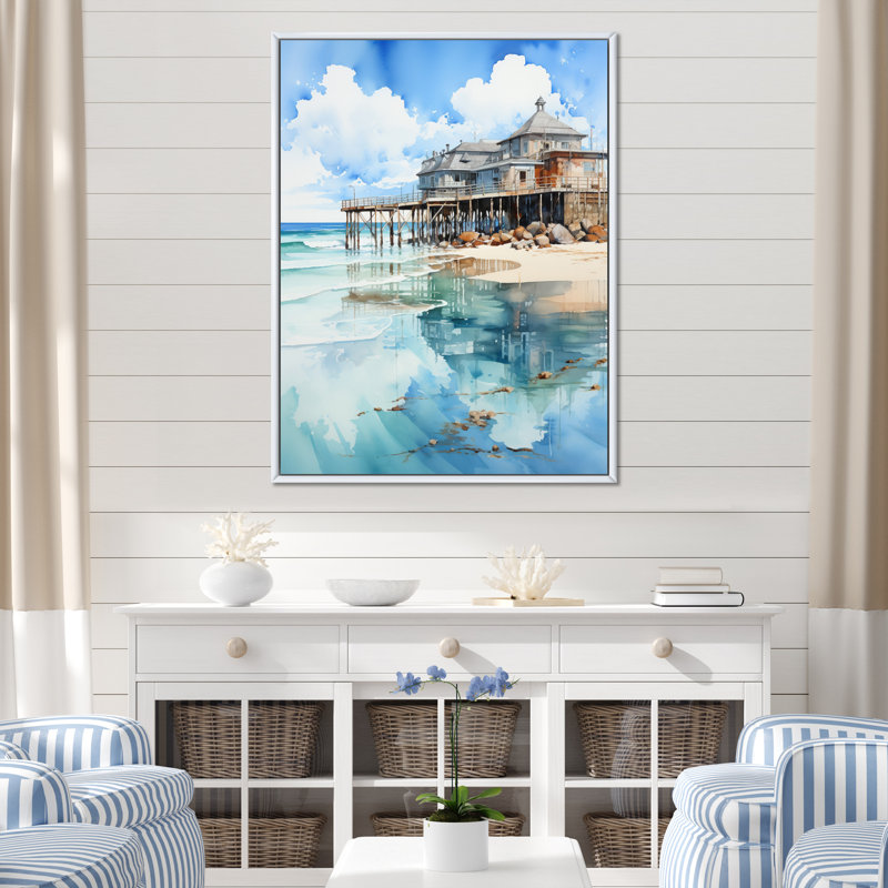 Suvak Beach Photo Pier Reflections VIII sur toile, H 32 po x l 24 po x P 1 po, Cadre flottant blanc