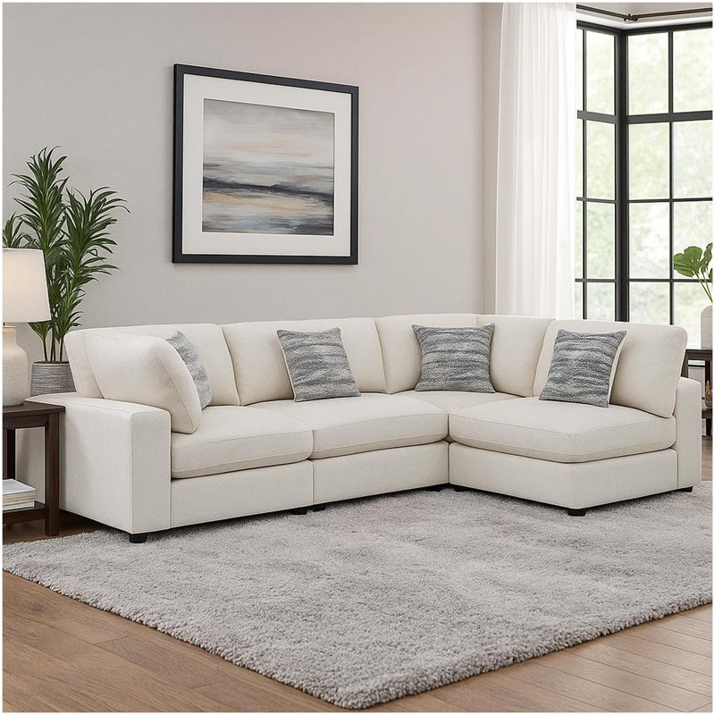 Canapé modulaire Serena 4Pc, 4 coussins décoratifs, jacquard, Tissu beige / mélange de lin / jacquard