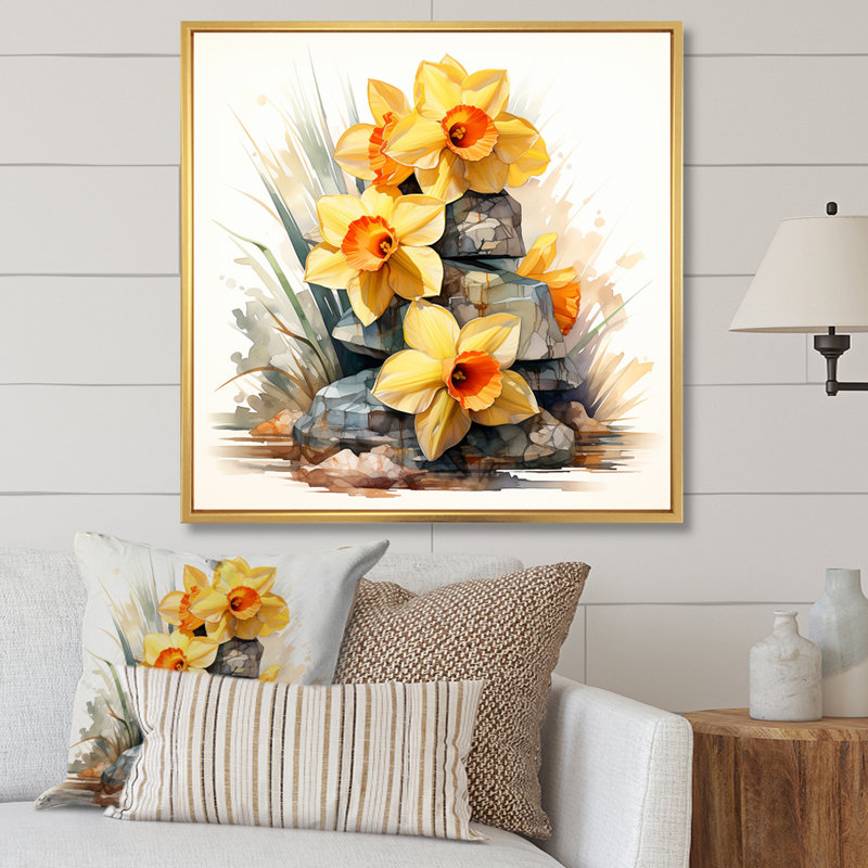Jaune jonquille Gardn Beauty II - Jonquille, art mural, H 30 po x l 30 po x P 1,5 po, Cadre flottant doré
