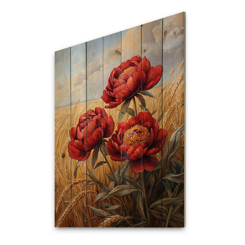 Pivoines rouges dans le champ de céréales I - impression de pivoines sur bois de pin naturel, H 32 po x l 24 po x P 0,78 po