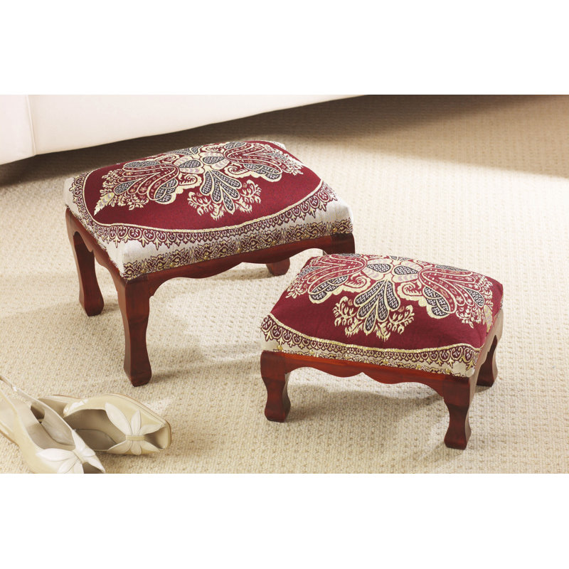2x Stackable Wide Floral Ottomans, Burgundy