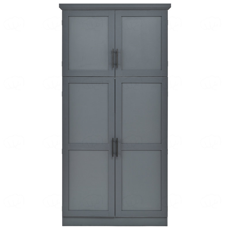 Grande armoire de rangement avec 4 portes, 2 tablettes de porte, 8 plateaux coulissants et une tablette réglable, Gris