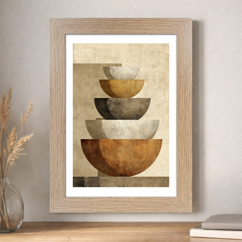 Minimal Scandinavian Stacked Ceramic Bowl Abstract Wall Art - Home Decor Giclee Art Print On Fine Paper, Neutral Beige And Rust Palette - Print