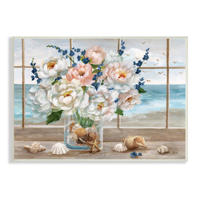 " Beautiful Seaside Peonies Bouquet Vase Beach Seashells " Acrylic Painting