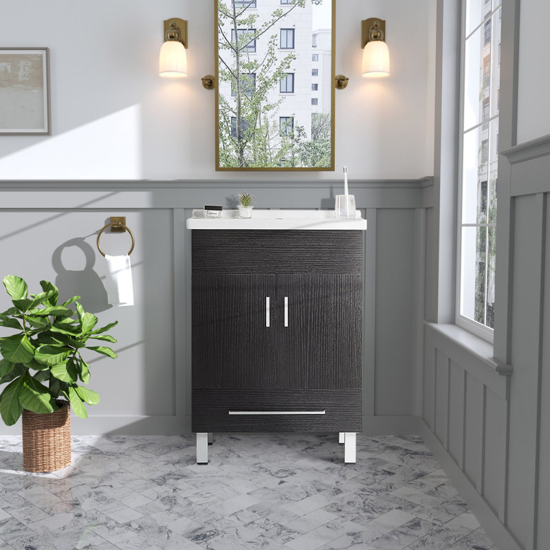 Armoire de salle de bain double 24 po avec tiroirs 24 po avec lavabo en céramique, Satin Black