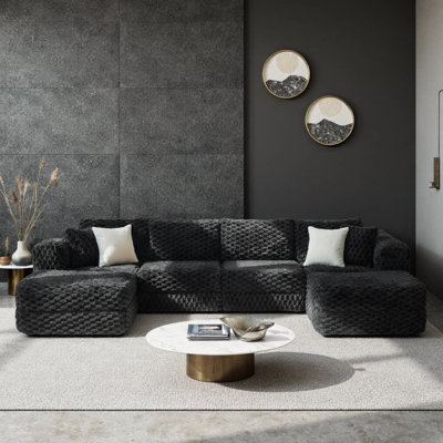135.4" Modular Sectional Sofa with Two Movable Ottomans | Boneless Cloud Couch with Bubble Velvet Fabric | 6-Seat U-Shaped Sectional for Living Room, Family Room, or Open-Concept Space