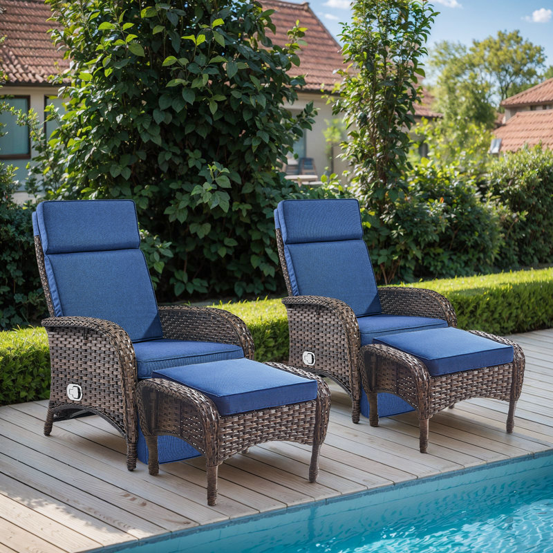 Gaetanino Outdoor Wicker Rattan Poolside Reclining Chaise Lounge With Ottomans, Blue