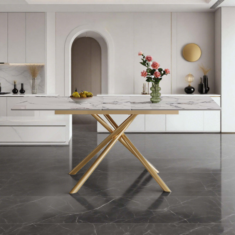 Table de salle à manger extensible Modern Modern, H 29,53 po x L 47,2 po x l 31,5 po, Blanc, Doré