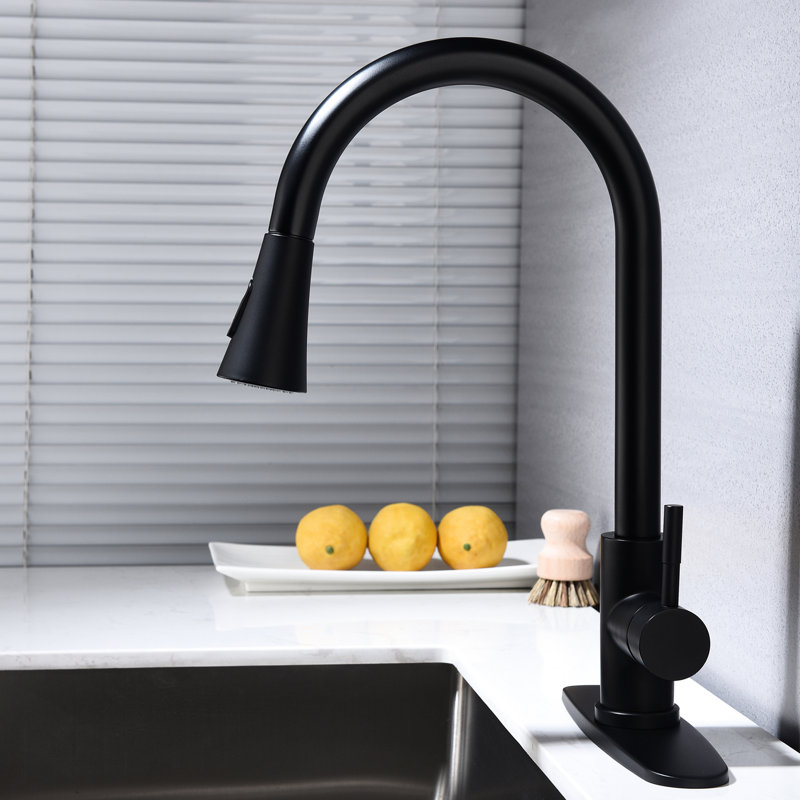 Pull Out Spray Kitchen Faucet In Matte Black Stainless Steel, Rust Surface Treatment, Single Handle For Water Adjustment Finish, Regulation