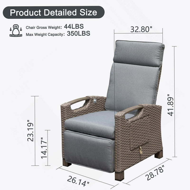 Fauteuil inclinable d'extérieur, fauteuil inclinable avec osier tissé à la main, Grey