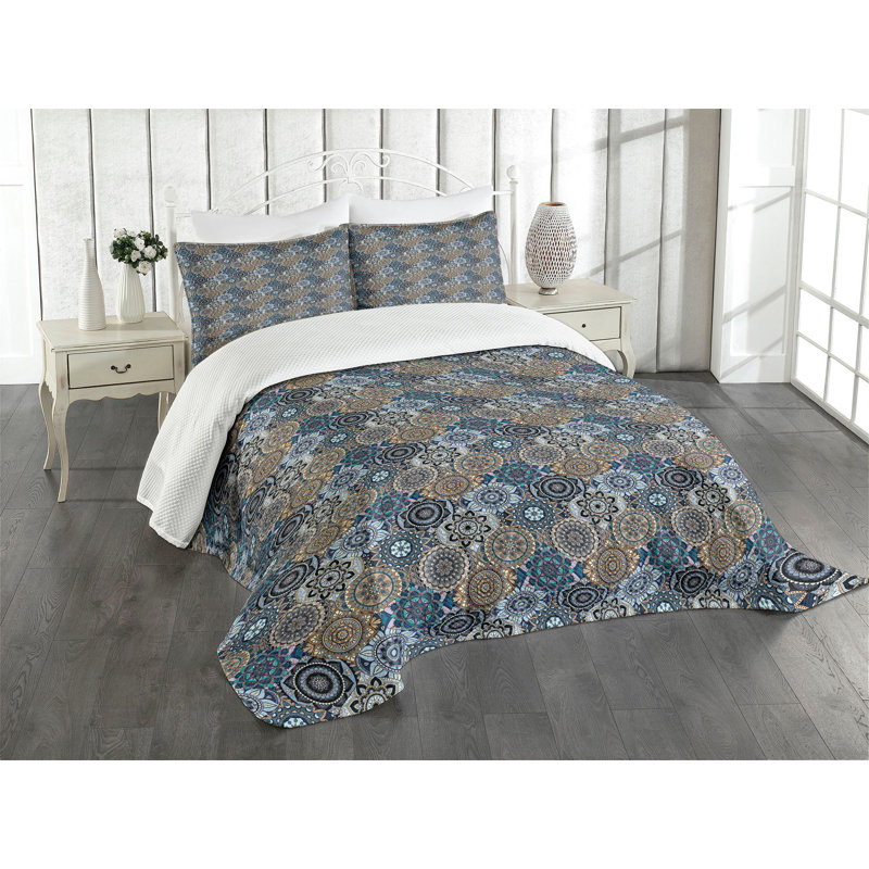 Adilyn Blue/Yellow Microfibre Bedspread Set, 220 x 264 cm Bedspread - 2 Shams