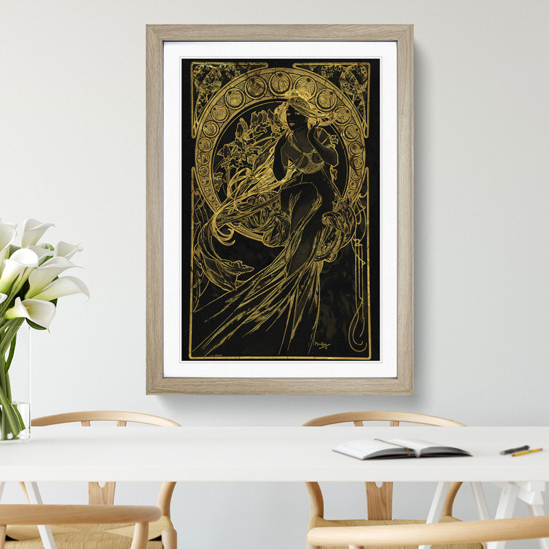 Golden Lady by Alphonse Mucha - Picture Frame Graphic Art, 90cm H x 65cm W x 2cm D, Oak Framed