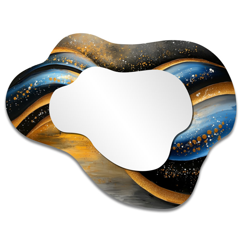Golden Blue Wave Optical Play - Op Art Asymmetrical Decorative Mirror, Modern irregular Wall Mirror, Printed on Metal