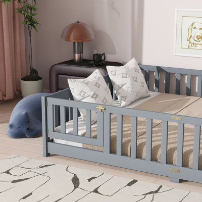 Queen Size Floor Bed with Fence,Door,Rubber Wood Floor Bed with Safety Guardrails,Gray