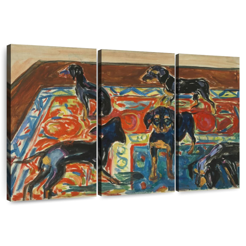 Cinq chiots Brampt sur le tapis, H 42 po x l 65 po