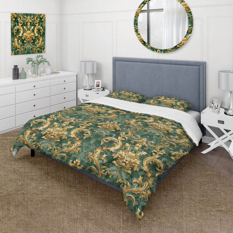 Ensemble de housse de couette damassé et motif baroque vert doré III, Housse de couette simple + 2 taies décoratives st