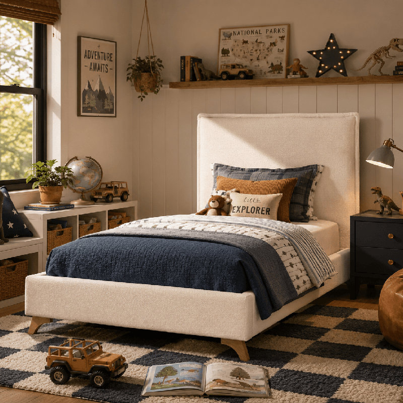 Pelham Flange Edge Bed Frame, Twin, Cream Boucle