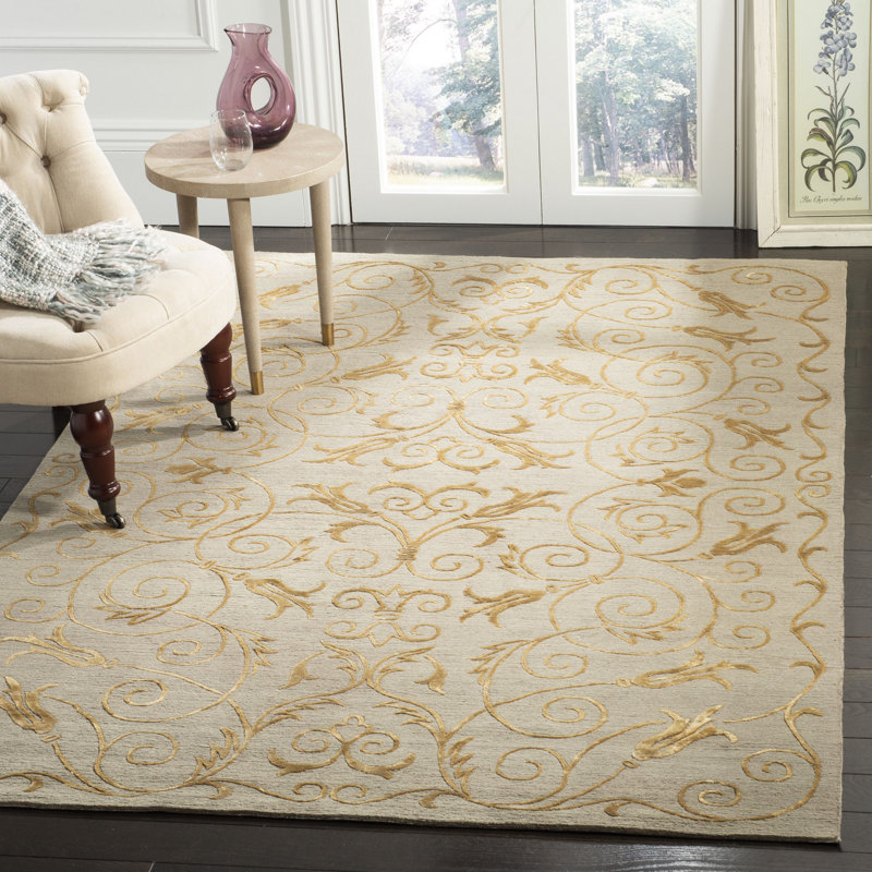 Tapis en laine/ardoise/dorée en soie noué la à la main floral Naninne, Rectangle 5 pi x 7 pi 6 po