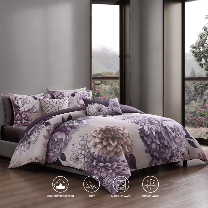 Bebejan Plum Petal 100% Cotton Sateen 5 Piece Reversible Comforter Set, King Comforter + 2 King Shams + 2 Throw Pillow